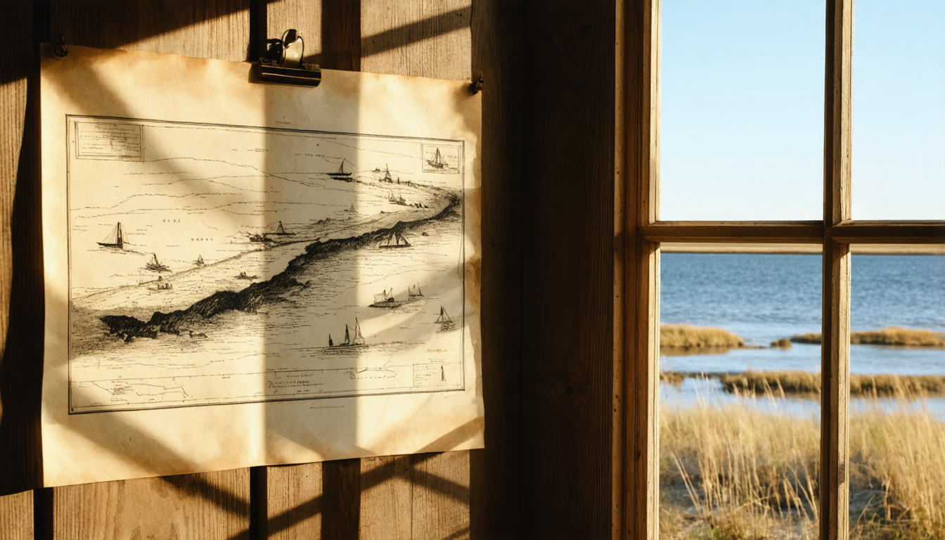 A diagram of ocean tides pinned to a wall beside a window overlooking actual tidal flats.