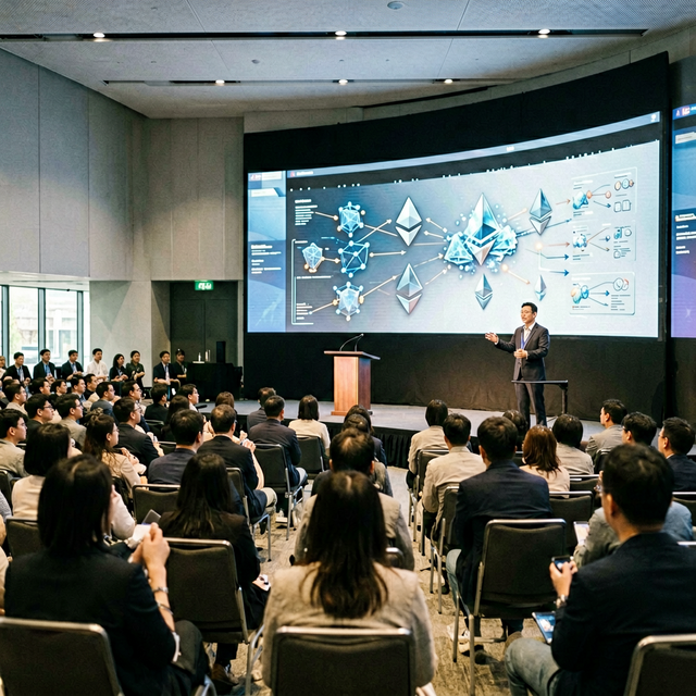 Ethereum developer conference in a modern convention center, attendees watching a presentation about blockchain scaling on large screens, na