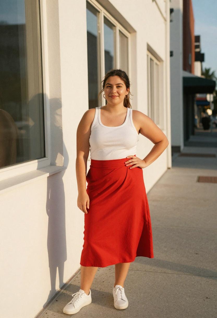 Plus size woman in poppy red wrap midi skirt with white tank and white sneakers in warm weather