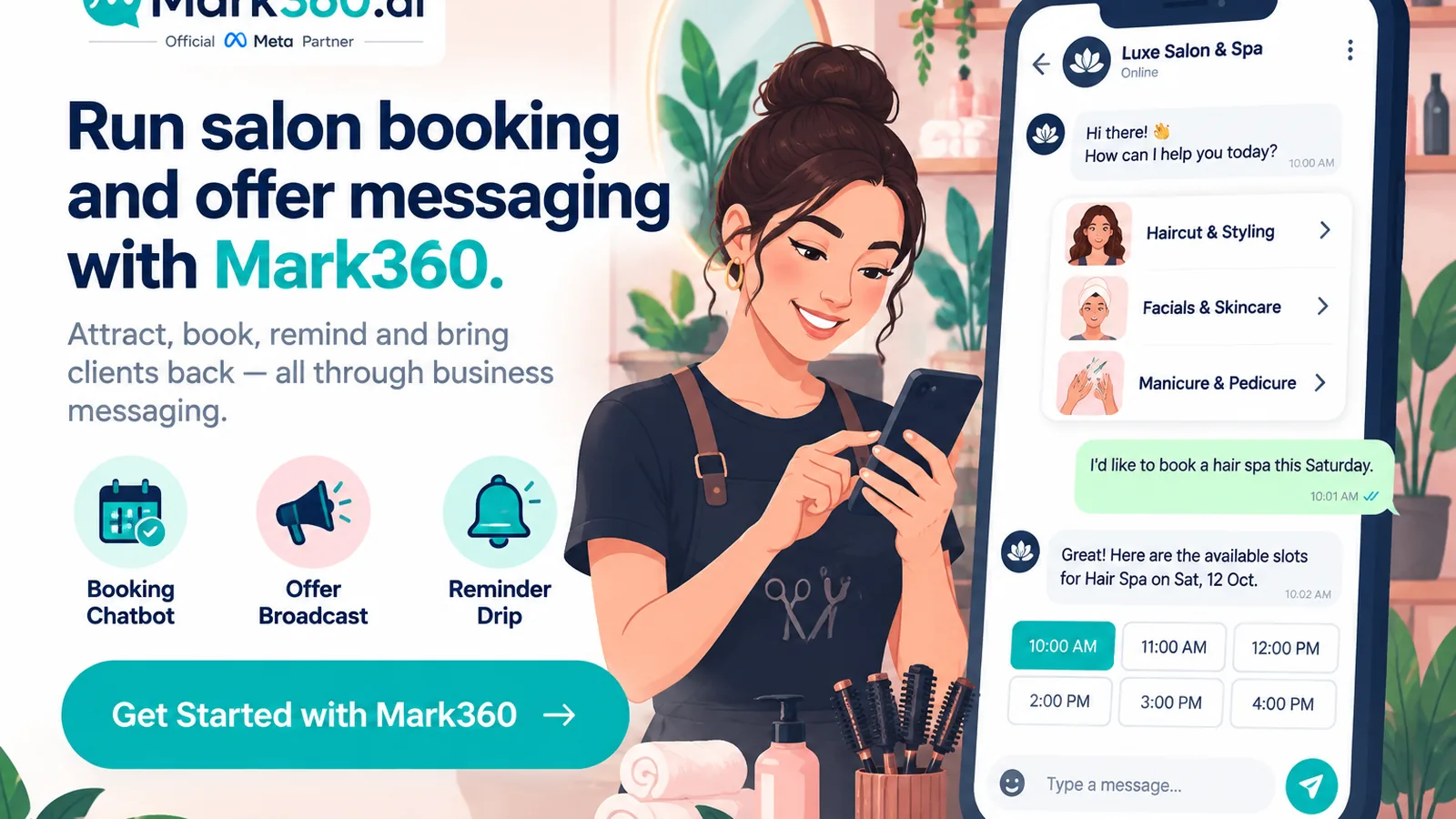 Mark360 Meta Partner CTA for salon WhatsApp booking reminders and offer campaigns