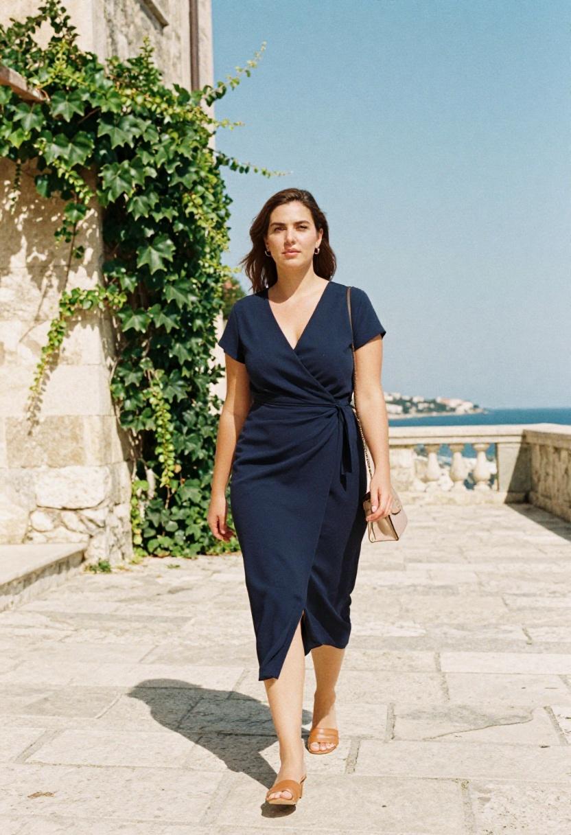 Plus size woman in deep navy wrap dress in structured crepe moving with elegance across a sunlit coastal terrace