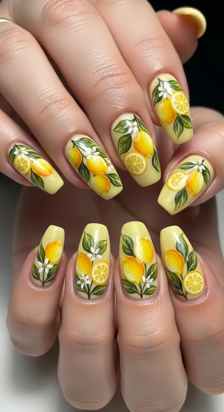Butter Yellow with Hand-Painted Lemons Squoval Nails