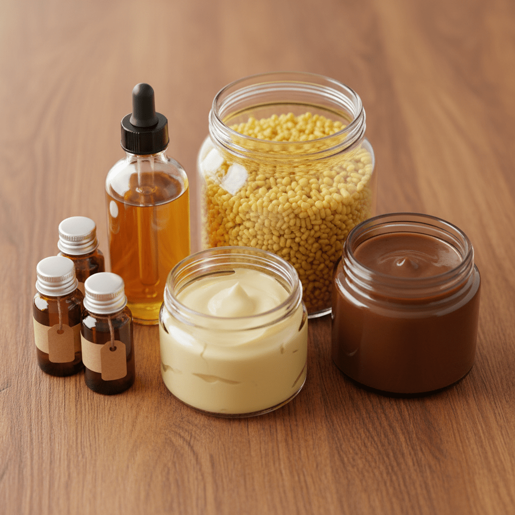 Natural hair care ingredients and homemade pomade on wood