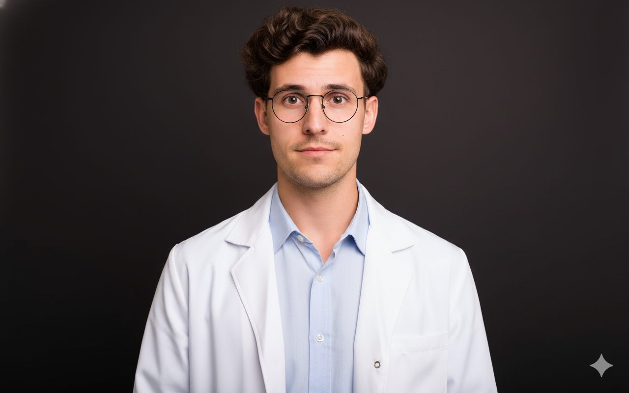 A trustworthy professional photo of a young man with dark, curly hair and round glasses, looking directly at the camera with a compassionate expression. He is wearing a crisp white medical coat over a light blue collared shirt, against a solid dark gray background. Bright, soft studio lighting creates a gentle catchlight in his eyes, conveying expertise. The focus is sharp on his eyes, with a shallow depth of field and soft bokeh, highlighting the details of his medical coat, hair, and skin texture