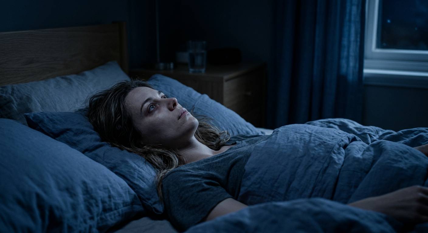Schlaflose person im bett liegt wach in dunklem mondlicht beleuchtet.