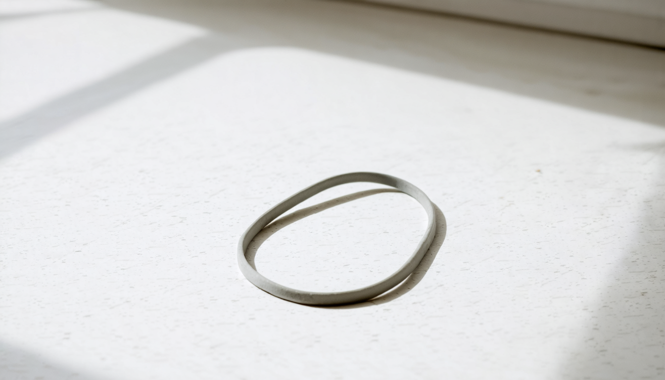 A rubber band lying in a loose figure-eight shape on a bare kitchen counter under fluorescent light.