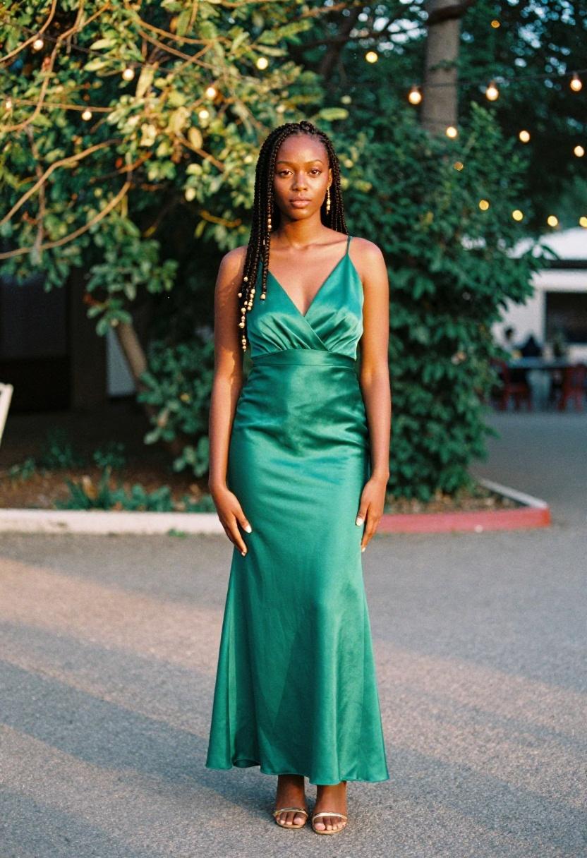 Woman in jewel-toned emerald satin gown at an outdoor summer wedding black tie event
