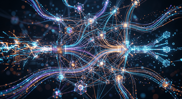 Una visualizzazione astratta dei flussi di dati in fase di elaborazione e trasformazione attraverso una complessa rete di nodi e connessioni che rappresentano l'automazione avanzata del flusso di lavoro.