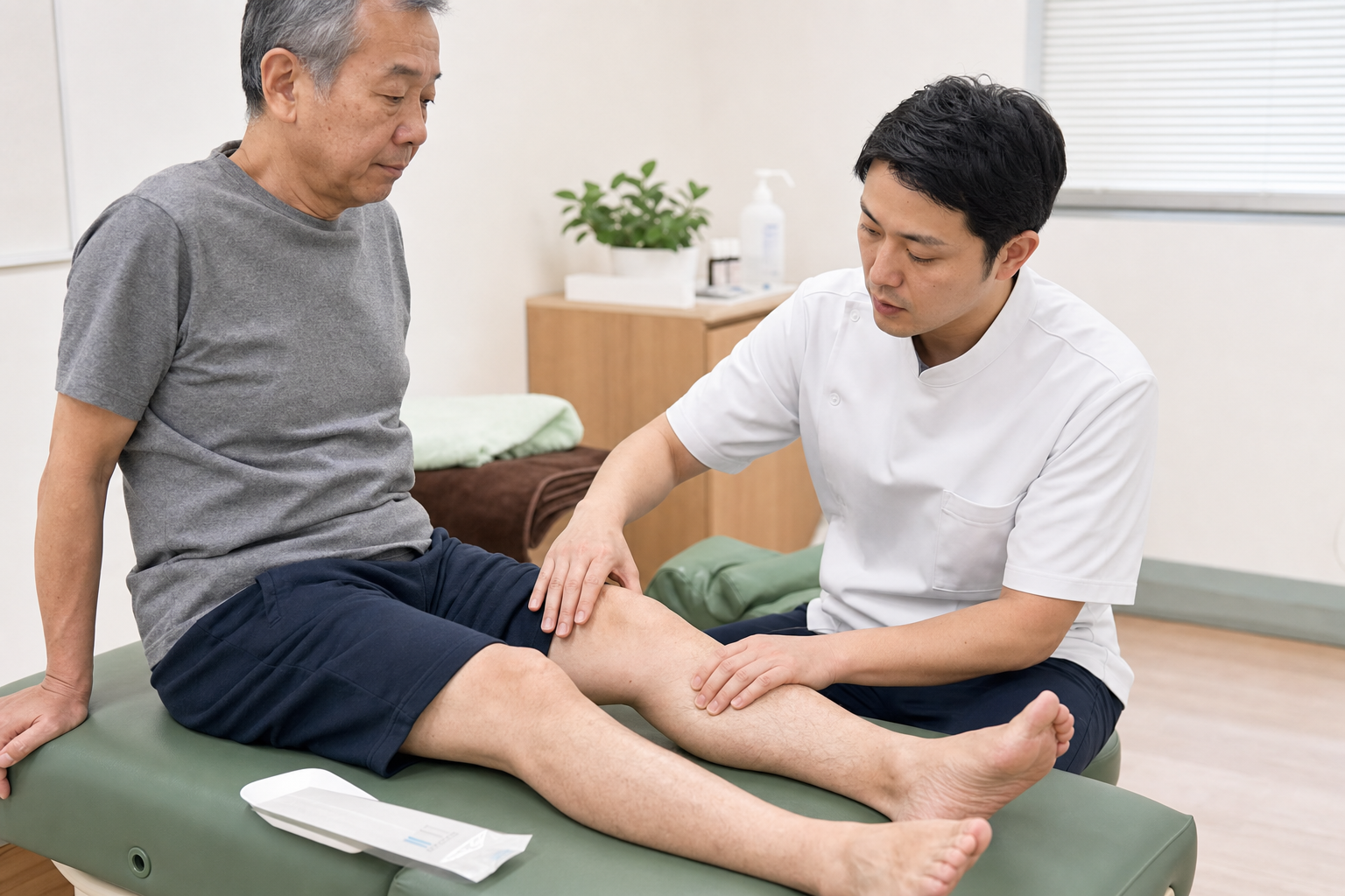 脳卒中後の下肢痙縮について施術前に筋肉の状態を評価する場面