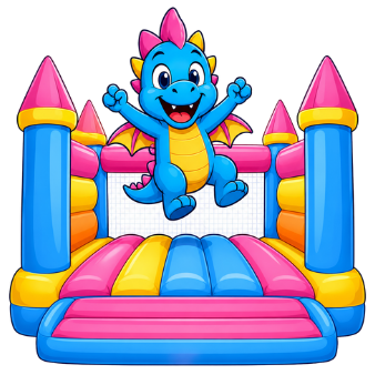 Jumpy springt in einer Hüpfburg von Jump & Fun Landshut