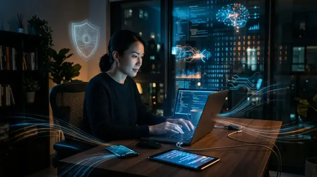 Person at desk illuminated by laptop glow with holographic data streams, contemplative mood