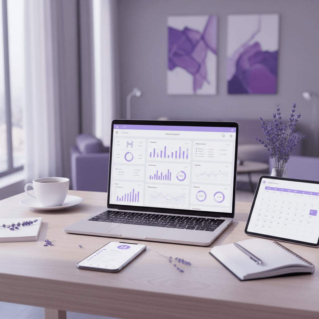 Hotel Instagram analytics dashboard beside a smartphone and booking calendar