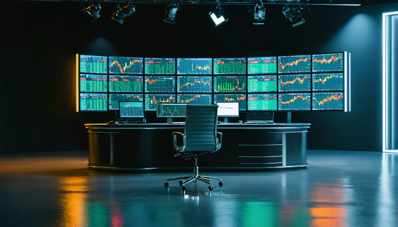 A financial news studio desk at dawn, empty swivel chair, multiple glowing monitors showing stock tickers, with a faint reflection of fire in the glass surfaces.