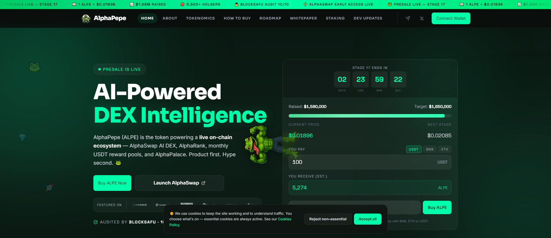 Forensic screenshot of alphapepe.fans showing the phishing page layout