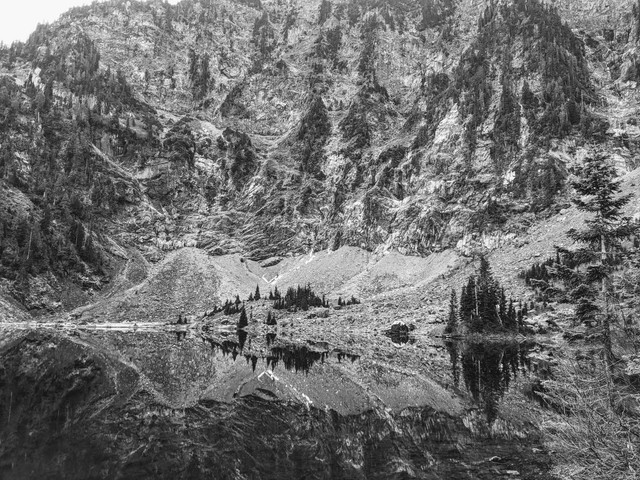 A black and white photo of Lake 22 near Granite Falls, WA.