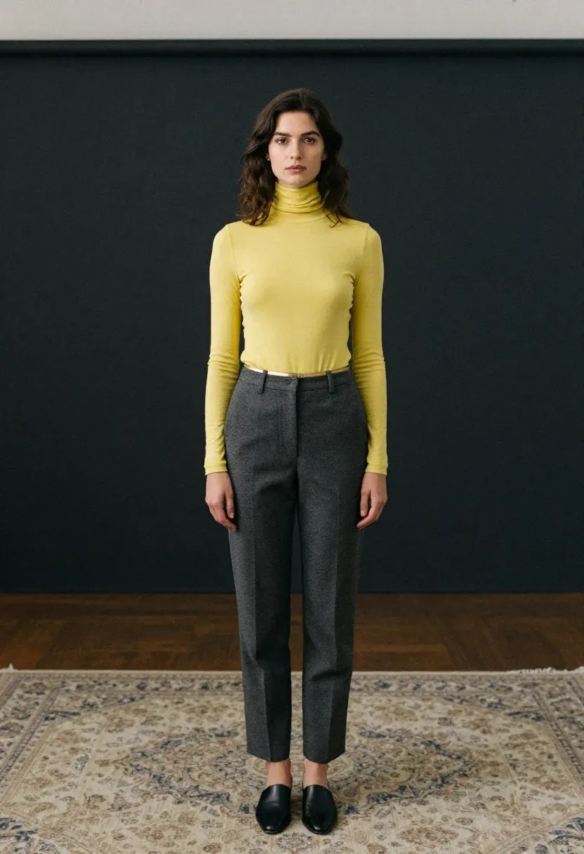 Tall brunette woman in a canary yellow fitted turtleneck tucked into sleek charcoal trousers for a minimalist office look