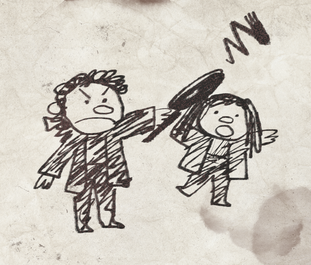 a crude drawing of blackadder hitting baldrick with a frying pan