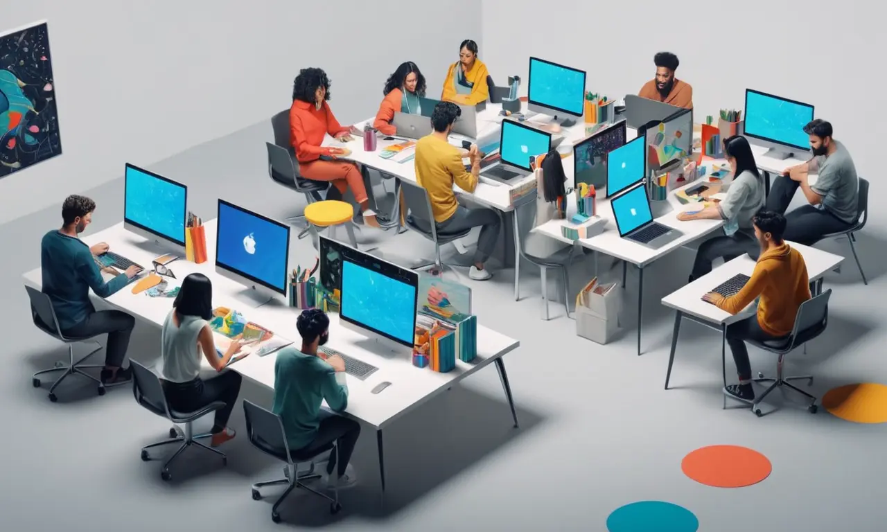 Un grupo de artistas diversos trabajando juntos en un espacio colaborativo con laptops y materiales creativos.