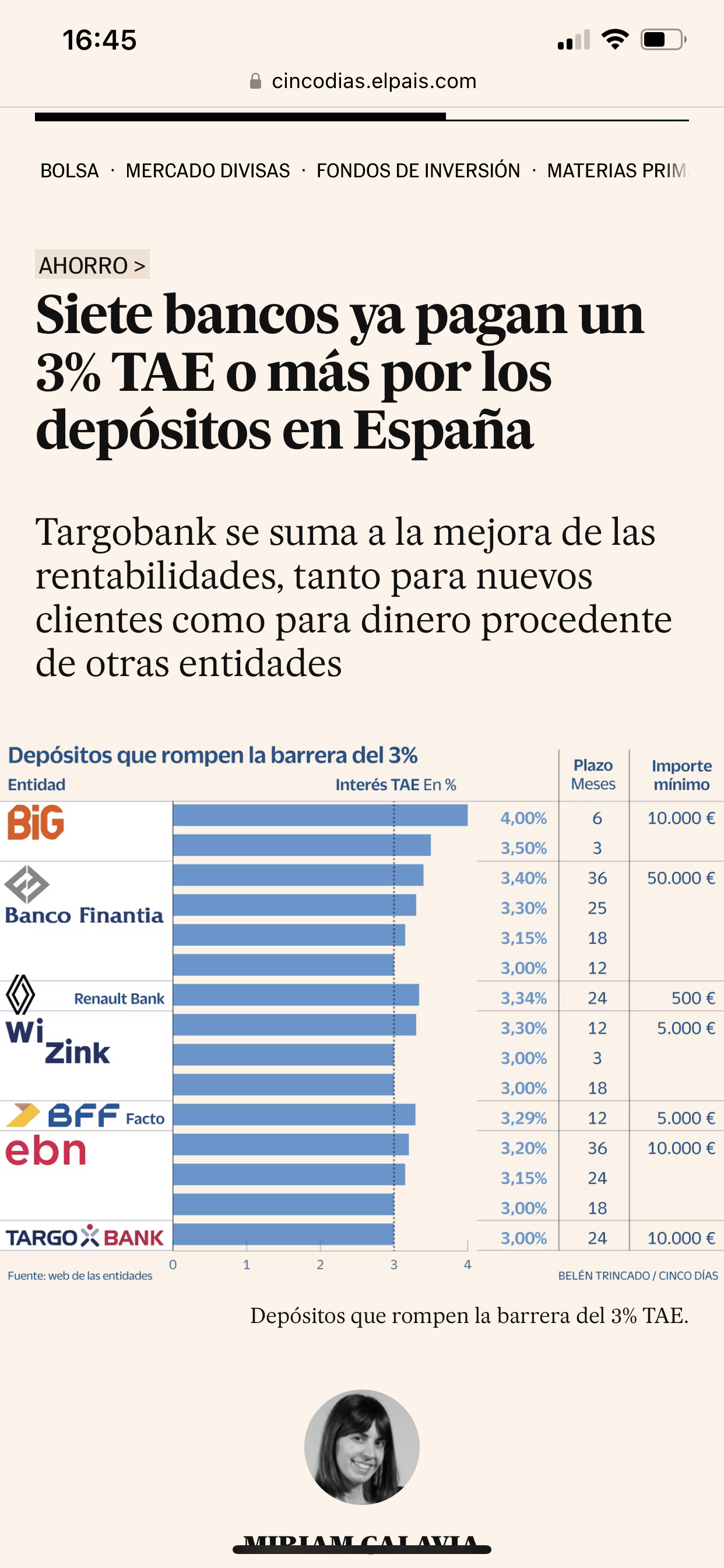 Pantalla de terminal financiera con porcentajes TAE de depósitos a plazo fijo a 3, 6 y 12 meses de Banco BIG