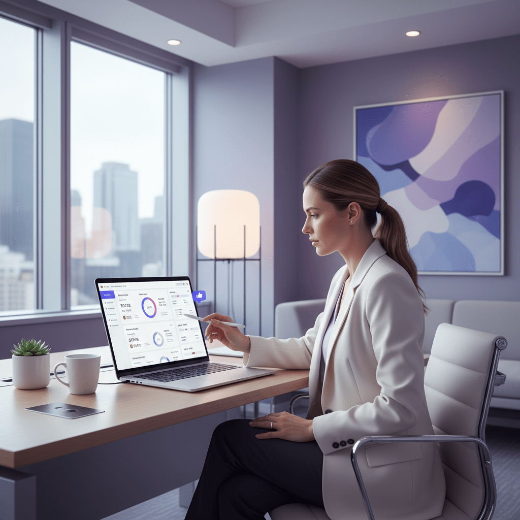 Hotel marketer reviewing social media metrics on laptop with booking dashboard