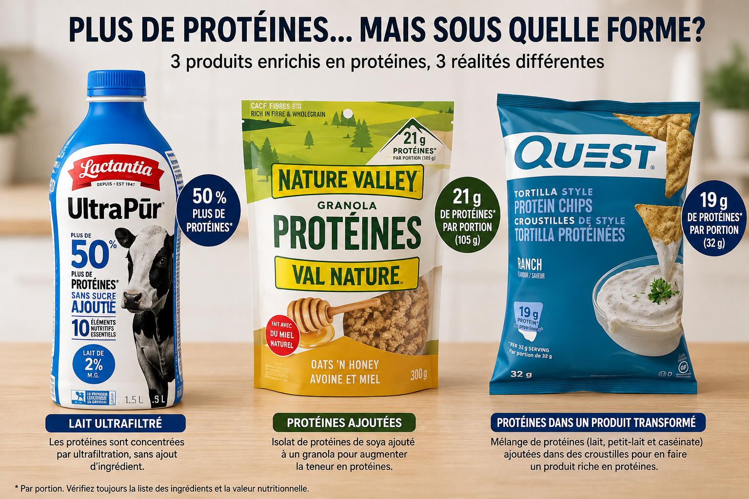 Trois produits alimentaires variés, dont un yogourt, un lait et un pain, illustrant différentes formes de protéines.