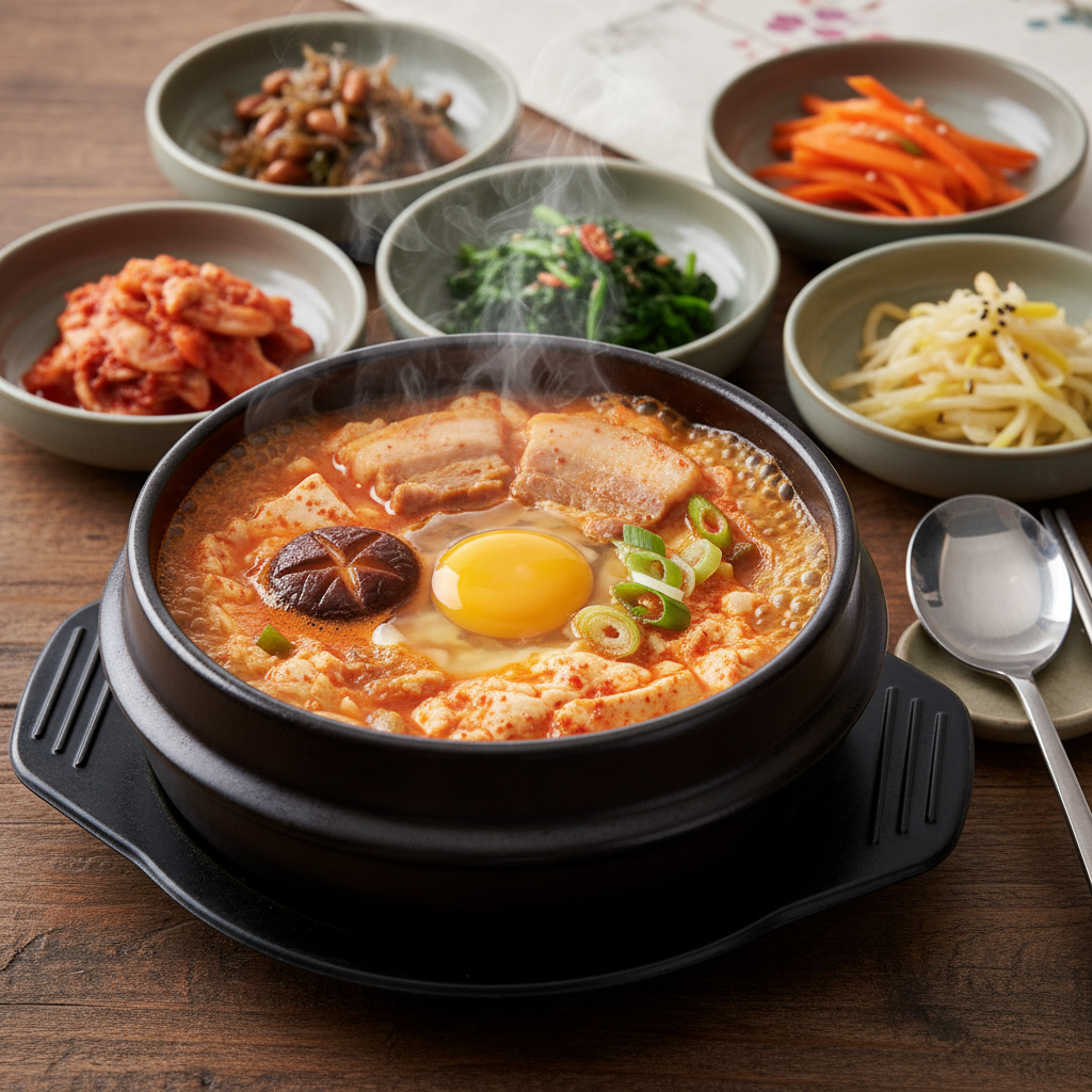 정갈하게 차려진 손두부 전골과 다양한 반찬이 있는 한국식 밥상