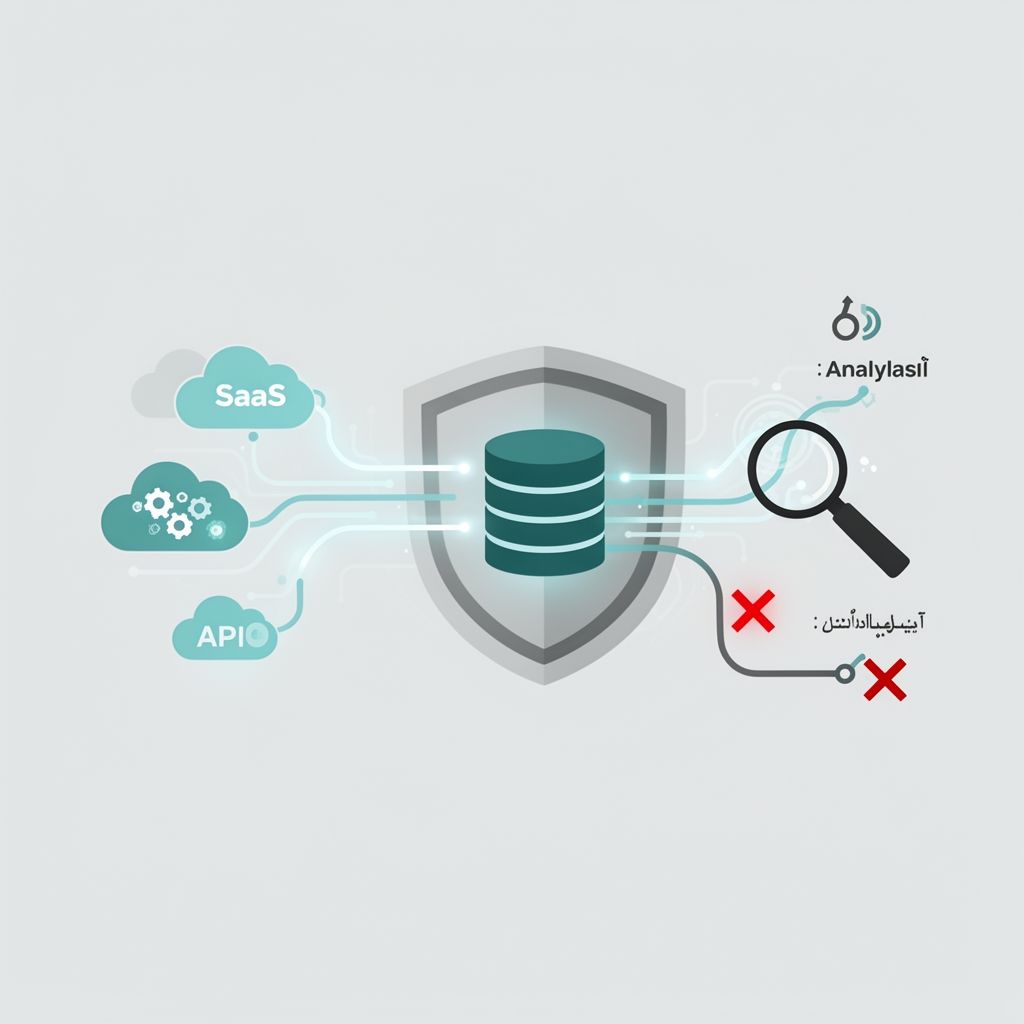 Conceptual diagram showing API connections between SaaS apps and a central database, with security inspection and blocking.