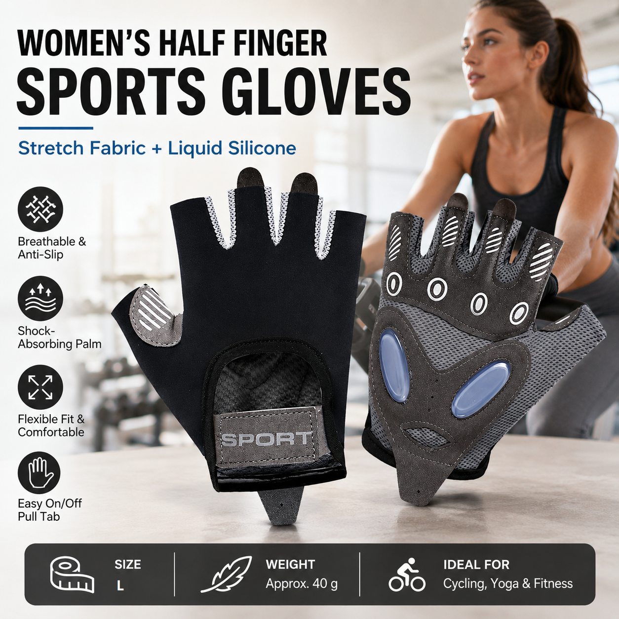 Black L size Women's Half-Finger Fitness Gloves - Liquid Silicone Shock Absorption, Ice Silk Breathable Fabric, Non-Slip Grip for Gym Yoga Cycling Weight Training