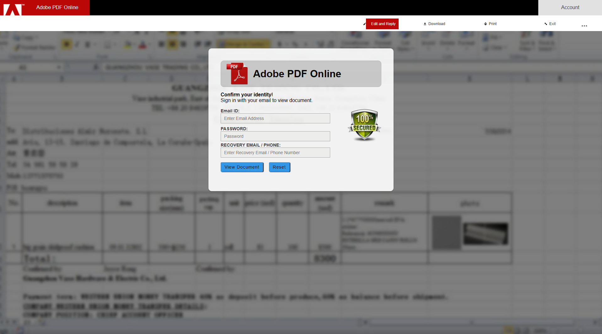 Forensic screenshot of [REDACTED] showing the phishing page layout