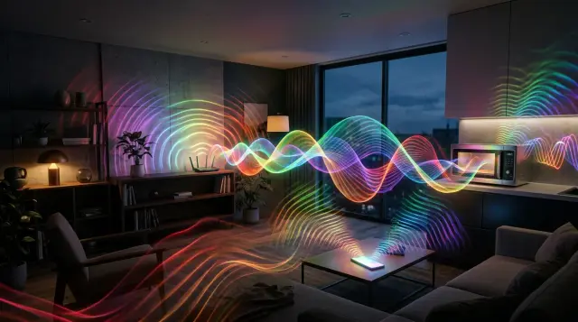 Colorful electromagnetic waves radiating through a modern living room, ethereal and dramatic