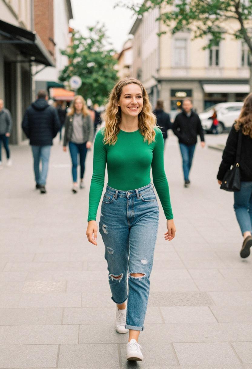 Emerald green bodysuit with distressed boyfriend jeans sunny city piazza street style