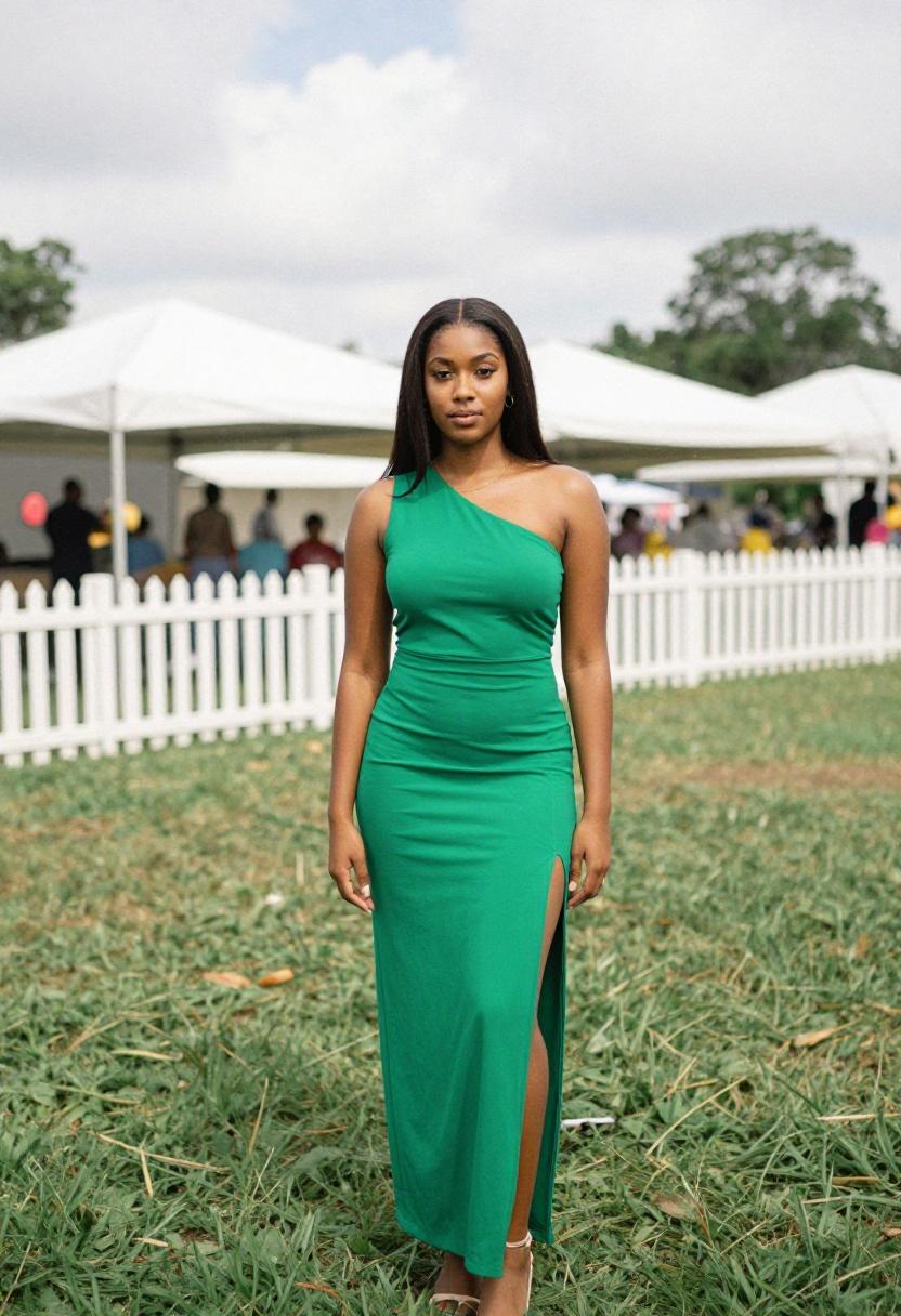 Emerald one-shoulder maxi dress with thigh slit for outdoor summer wedding