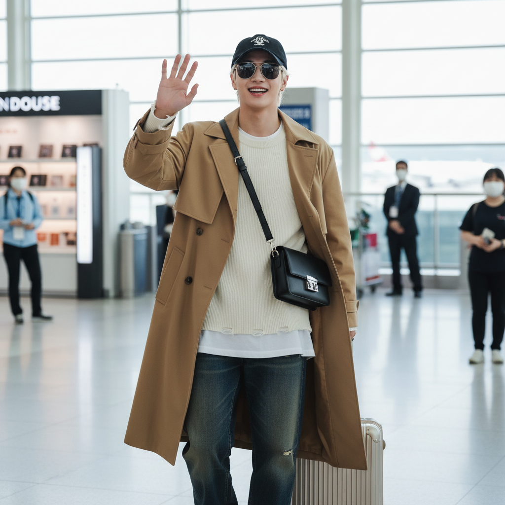 현진이 공항 패션으로 세련된 스타일을 선보이며 팬들에게 손을 흔드는 모습