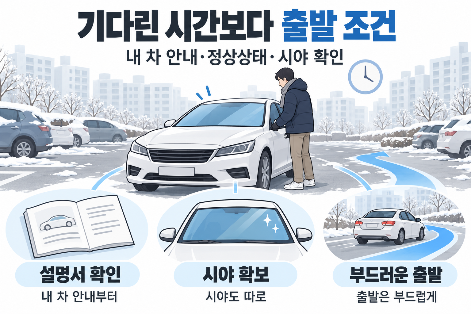 겨울 출발 전에 차량 안내와 정상상태, 앞유리 시야를 확인하는 설명 장면