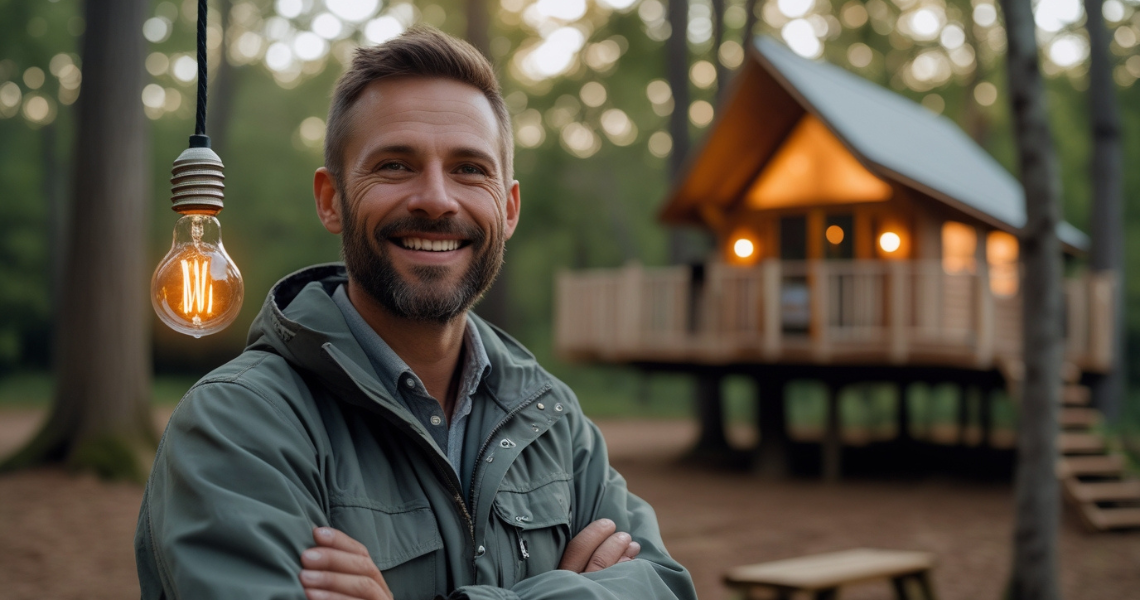 Propriétaire de camping heureux devant une cabane de type glamping