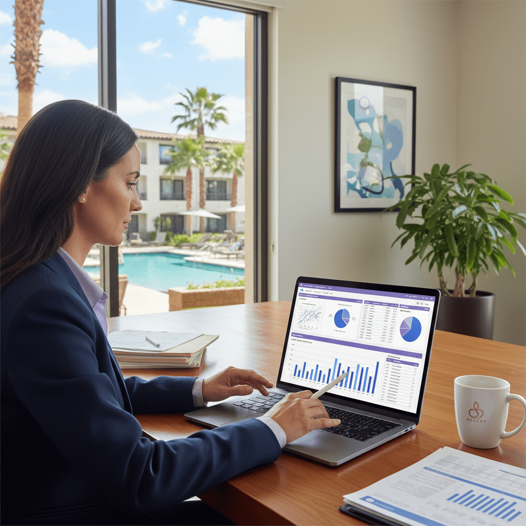 Hospitality manager reviewing labor forecasts and payroll analytics on a laptop