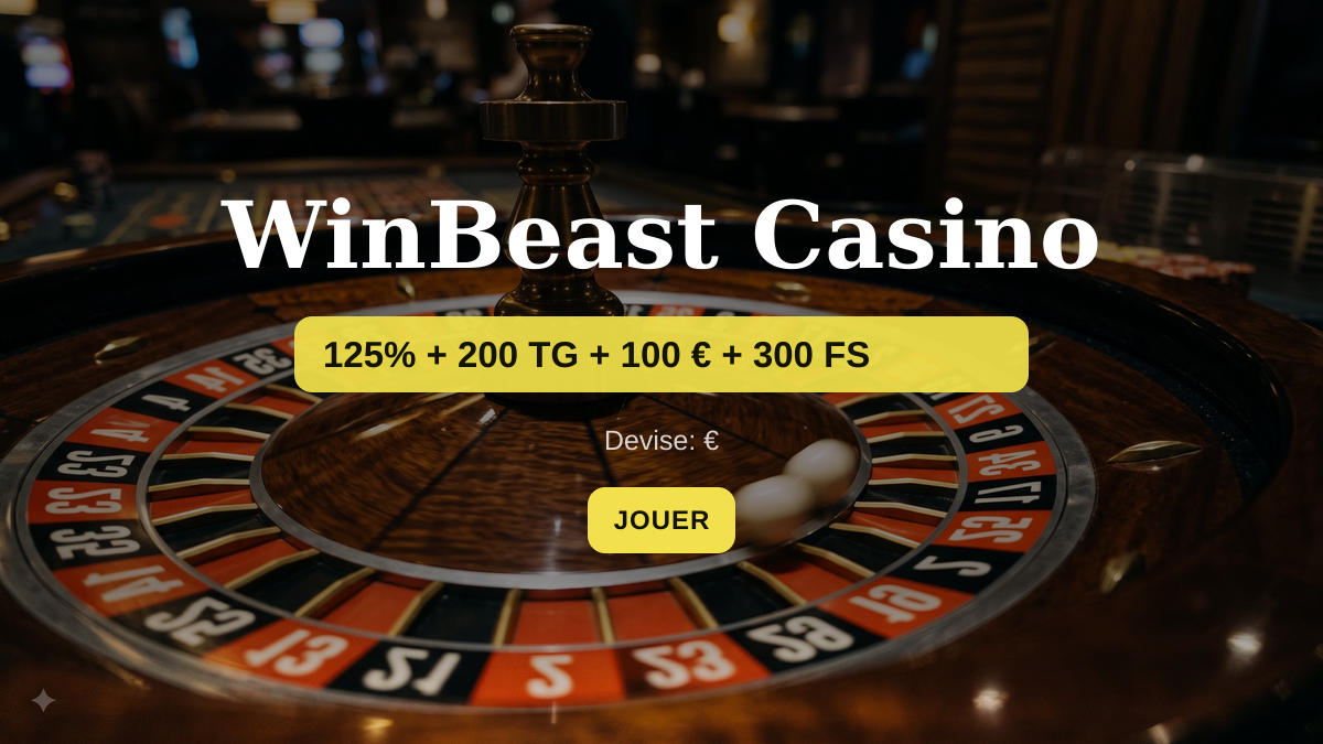 WinBeast Casino — bonus de bienvenue 125% + 200 TG + 100 € + 300 FS, paiements: Visa, Mastercard, Paysafecard, iDEAL, Apple Pay