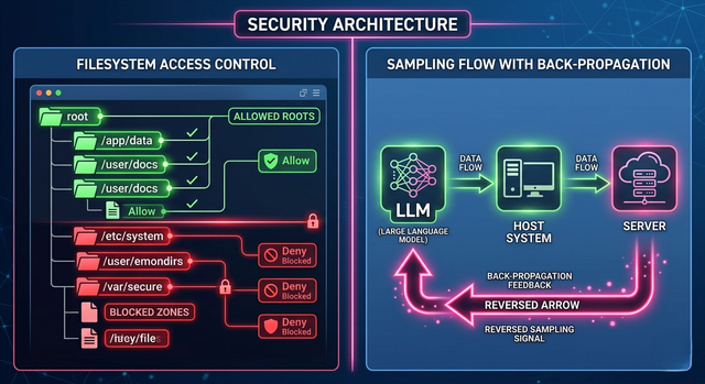 MCP client architecture diagram showing LLM tool use loop connecting to MCP server with discovery, execution and sampling flow