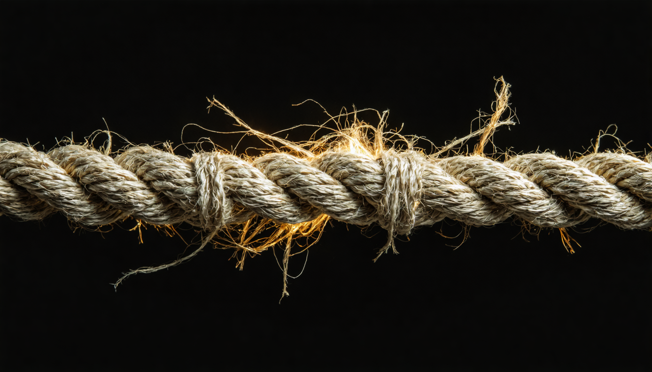 An old hemp rope fraying at its center against a dark background, fibers separating in soft warm light.