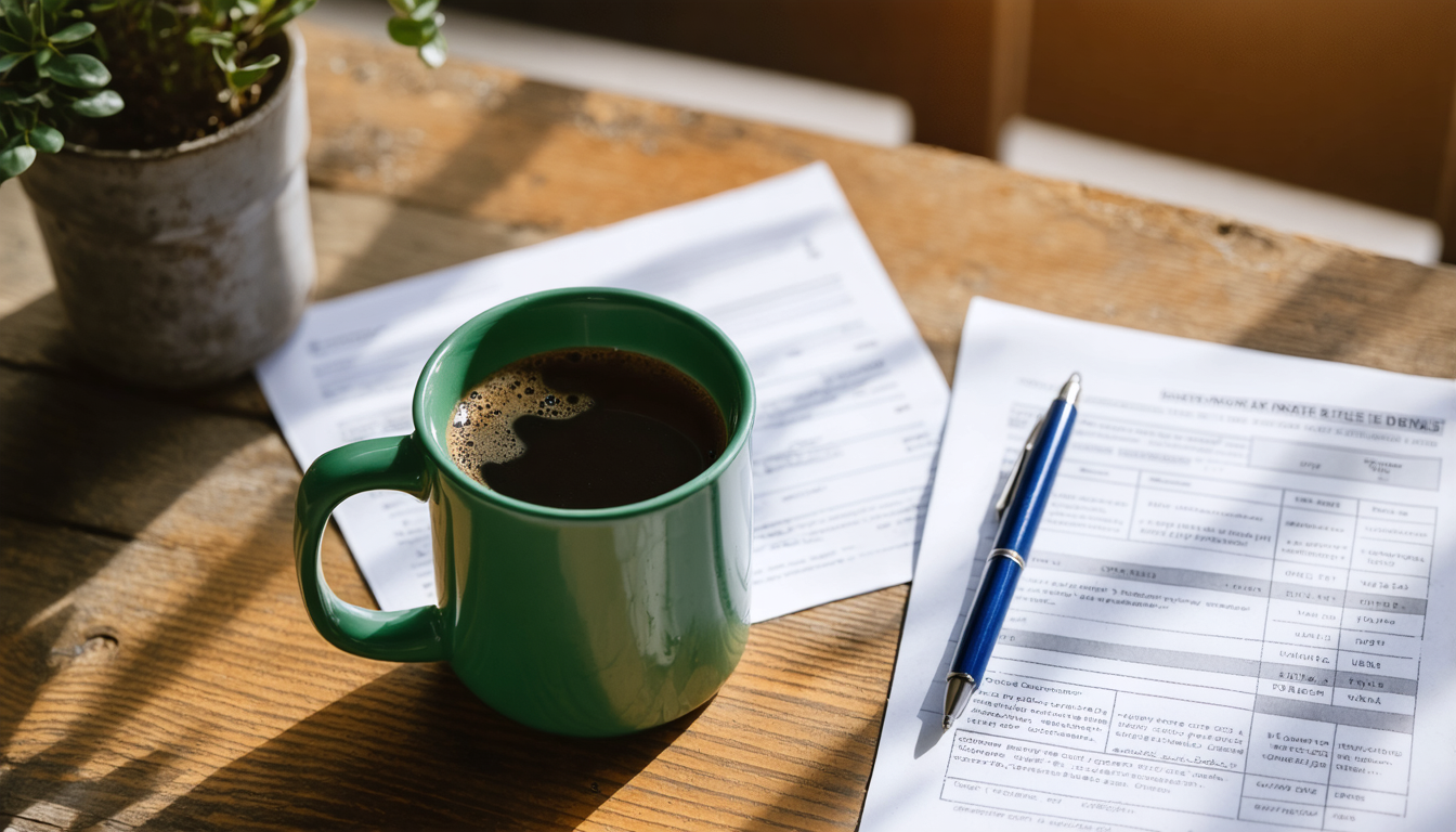 Cold coffee in a plain ceramic mug on a cluttered wooden desk, morning light illuminating the still surface.