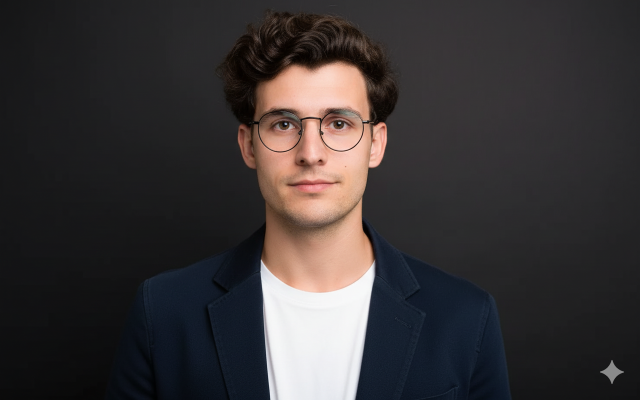 A sincere and empathetic professional photo of a young man with dark, curly hair and round glasses, looking directly at the camera with an open, engaging expression and open hands. He is wearing a dark blue blazer over a light blue collared shirt, against a solid dark gray background. Warm, soft, and inviting lighting creates a gentle catchlight in his eyes. The focus is sharp on his eyes, with a shallow depth of field and soft bokeh, highlighting the natural textures of his clothing and skin