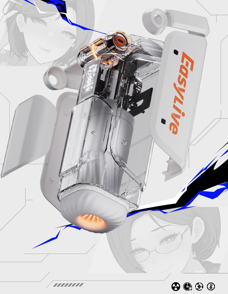 EasyLive NO8 智能電動飛機杯透明機身內部結構展示，科技感設計搭配橙色燈光，男性自慰器高科技外觀細節