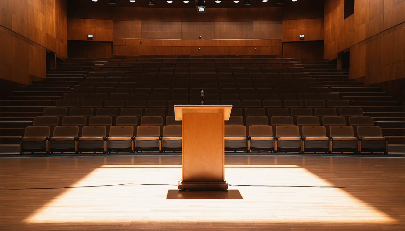 A single empty lectern in a large university lecture hall, spotlit from above, with rows of empty seats receding into shadow.