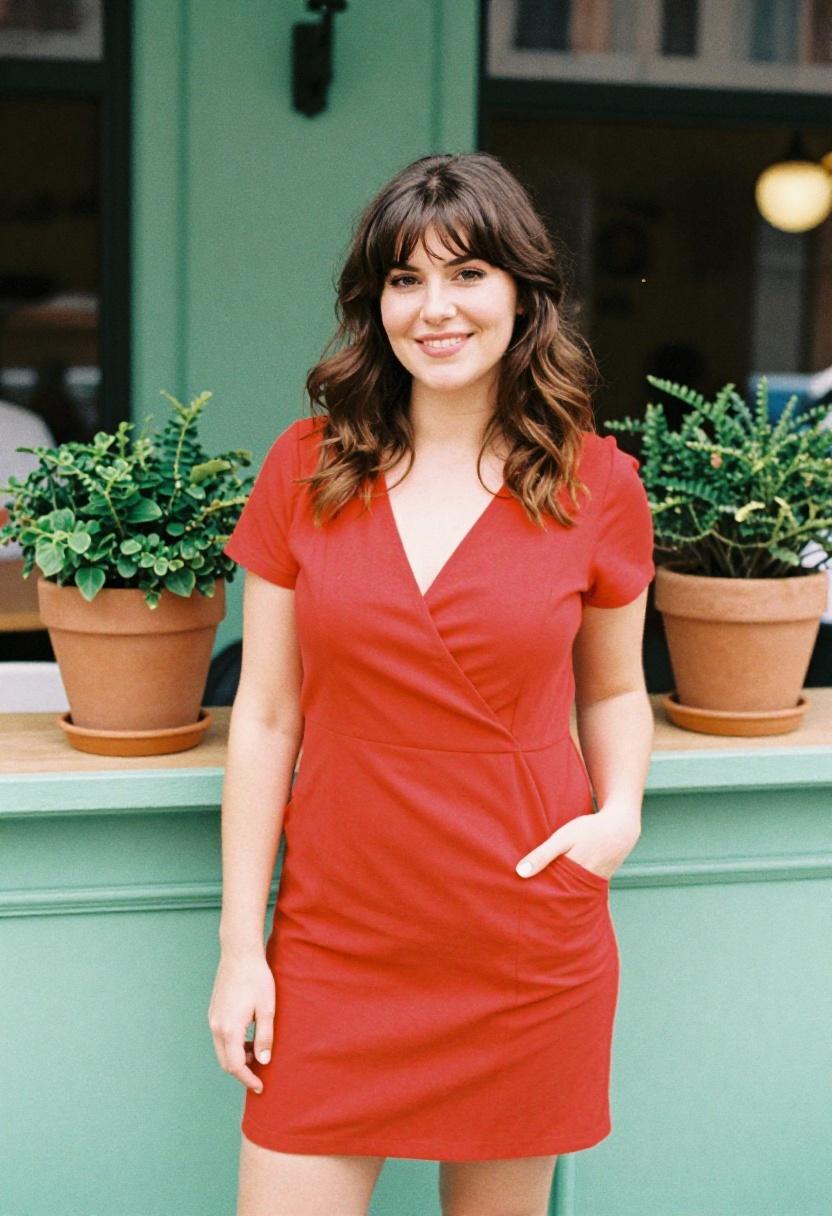 Tomato red wrap sundress at a sun-drenched café terrace, approachable and relaxed