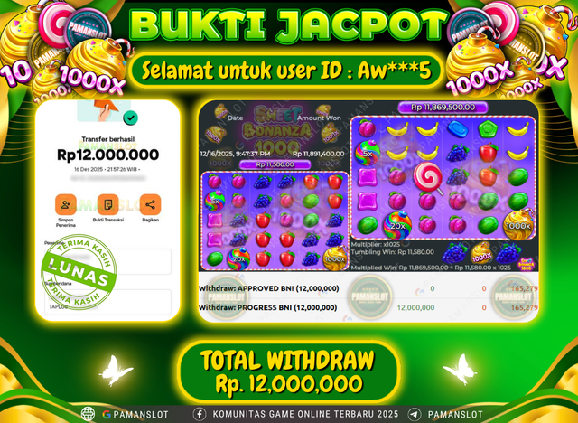 PAMANSLOT JACKPOT Game PP - Sweet Bonanza 1000 Rp.12,000,000- LUNAS