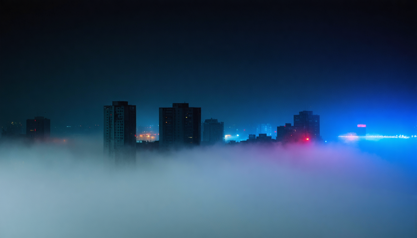 A city skyline quietly absorbing sourceless colored light through fog, as if observation had become weather.