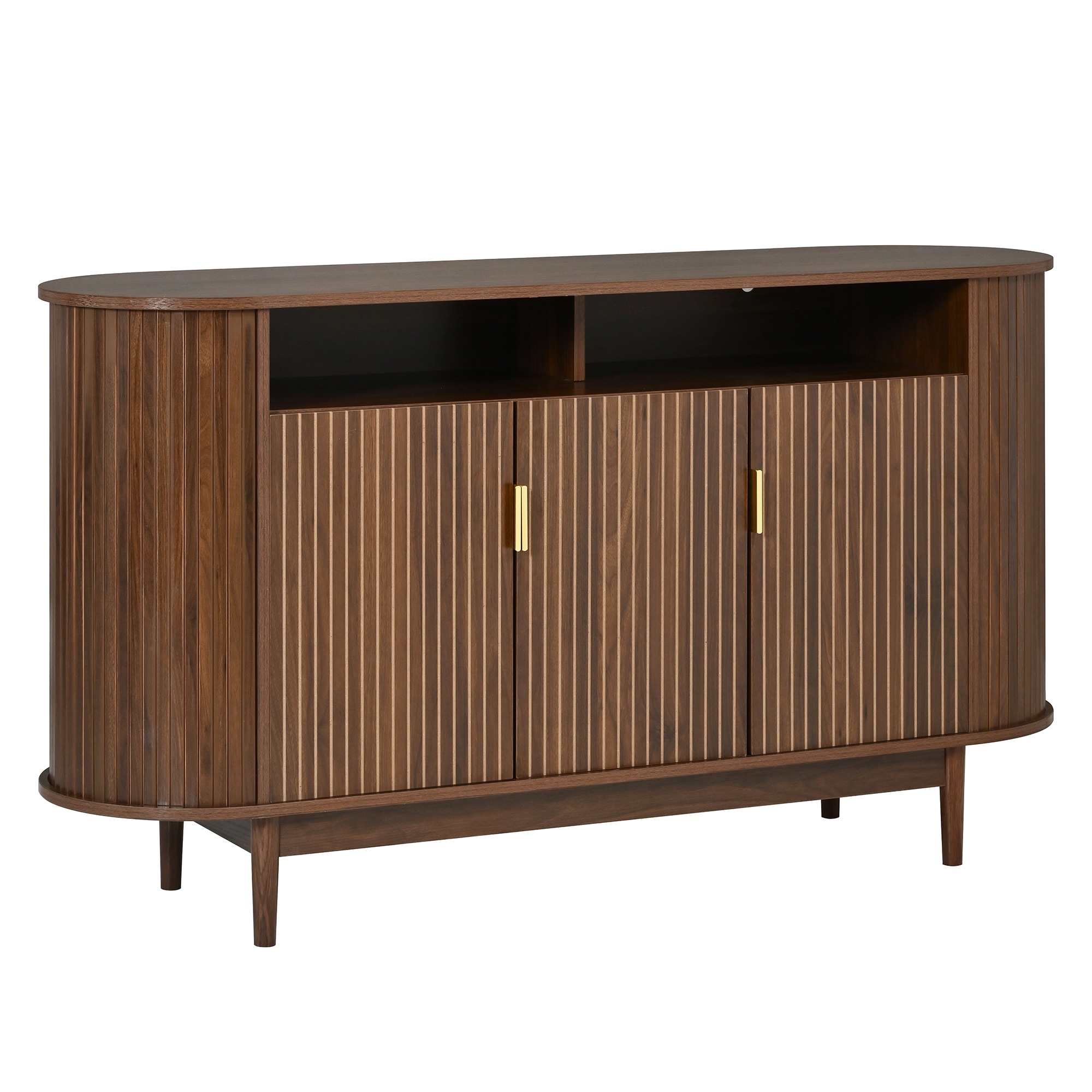 Buffet Noyer, 3 Portes, Rangement, Design Moderne, Angles Arrondis, Structure Robuste - 140x40x78cm - Salon et Salle à Manger 6
