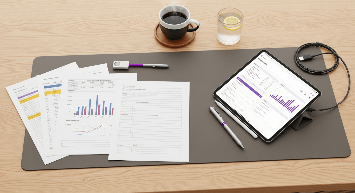 A top-down view of a desk with financial planning documents, a tablet, and a coffee, representing the process of budgeting for digital marketing.