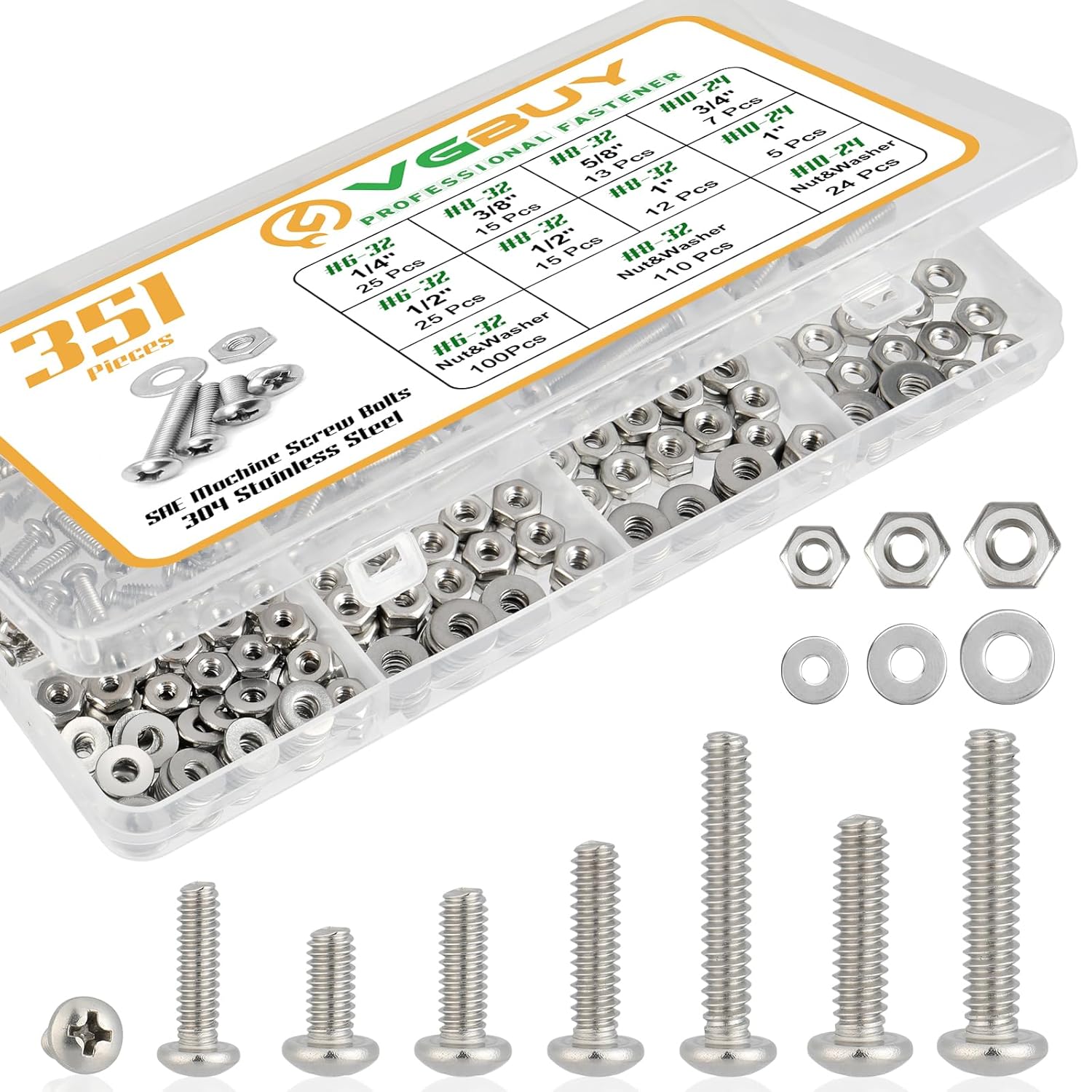 351Pcs 304 Stainless Steel Machine Screws, Nuts & Bolts Assortment Kit - #6-32, #8-32, #10-24 Phillips Pan Head With Washers & Storage Case