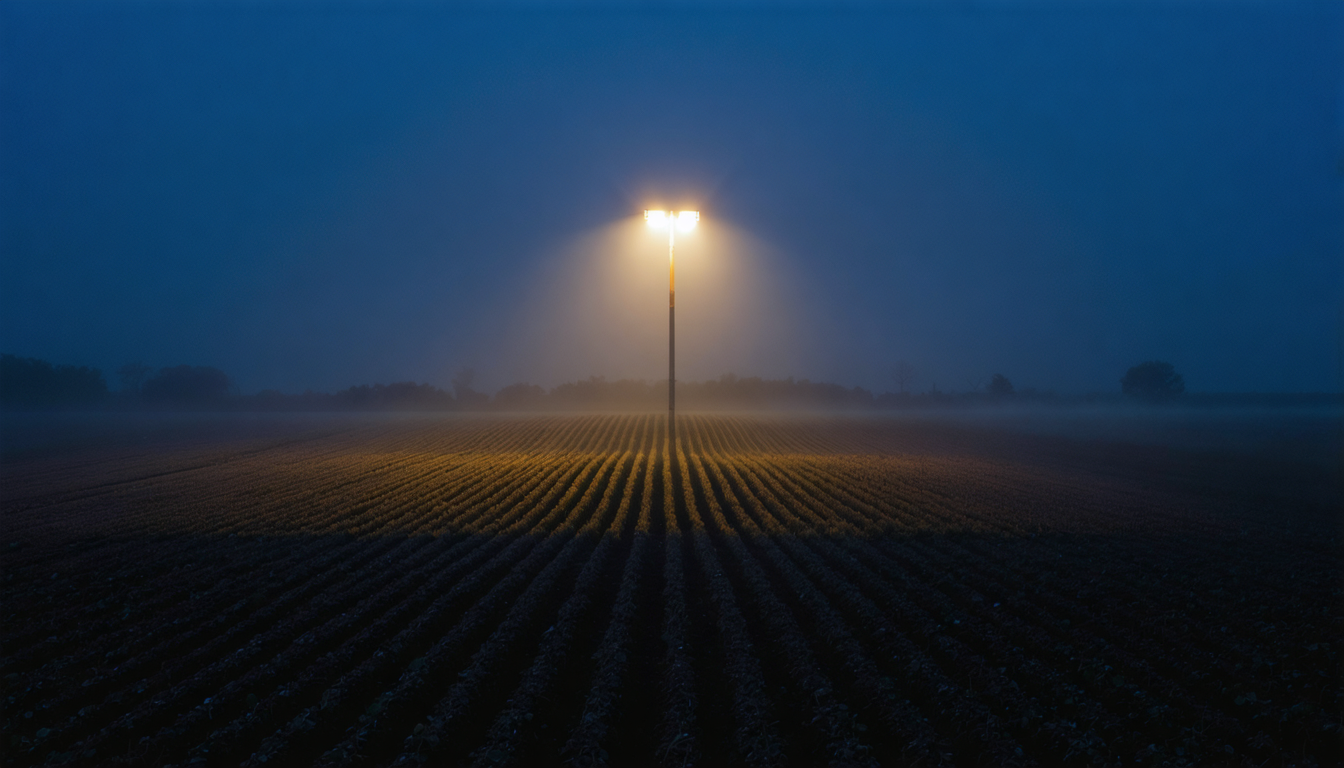A lone floodlight presides over an empty field, as if the crop it grows is attention itself.